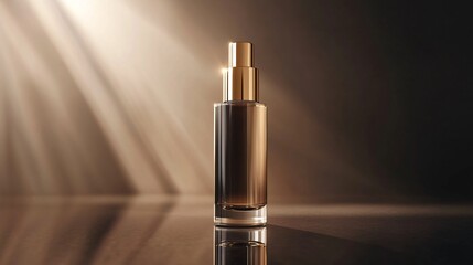 A gold and glass bottle of perfume or essential oil with a gold lid and a dark liquid inside, on a reflective surface with light coming in from the left.