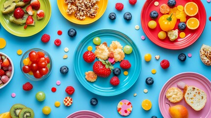 Colorful Plates with Fruit, Cookies, and Candy on a Blue Background