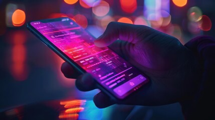 Close-up of hand using smartphone with colorful neon lights in the background, representing modern technology and urban lifestyle.
