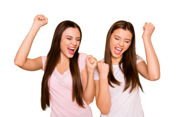 Close up photo satisfied beautiful enjoy fellows students fellowship luck lucky scream shout yeah raise fists long hair opened mouth closed eyes on vibrant background white t-shirts isolated