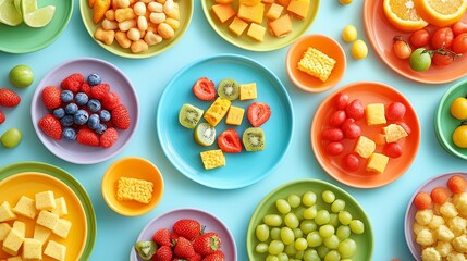 Colorful Bowls of Fruits, Vegetables, and Cheeses