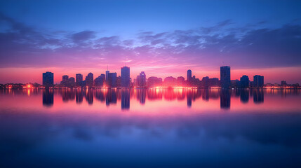 A vibrant sunrise casts a pink and orange glow over a city skyline reflected in calm water.