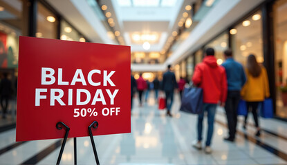 50% OFF red banner in shopping mall hall, people rushing with bags full of shopping during the Black Friday sales weekend