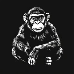 Black and white illustration of a chimpanzee sitting with arms crossed.