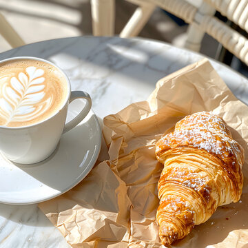 Almond croissant on brown parchment paper and a latte in a paper coffee cup on a marble top table at a cafe.