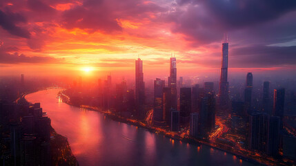Naklejka premium A vibrant sunrise casts a warm glow over a modern city skyline, with a river snaking through the urban landscape.
