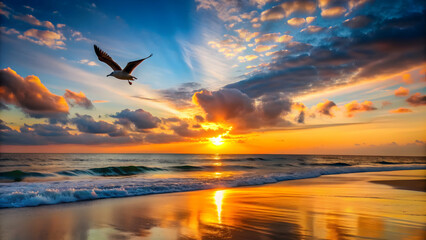 Obraz premium Sunset bird in divine flight over a beautiful ocean beach , sunset, bird, flight, divine, hope, surreal
