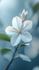 Naklejka premium White flower close-up, soft natural light, macro photography, green foliage, minimalistic floral composition, peaceful nature scene, botanical beauty, delicate petals, elegant bloom