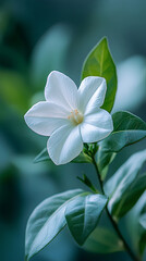 Obraz premium White flower close-up, soft natural light, macro photography, green foliage, minimalistic floral composition, peaceful nature scene, botanical beauty, delicate petals, elegant bloom