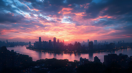 Naklejka premium A vibrant sunrise illuminates a city skyline, casting a warm glow over the river and buildings.