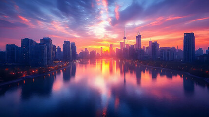 Fototapeta premium A vibrant sunrise illuminates a modern cityscape with a lake reflecting the sky.
