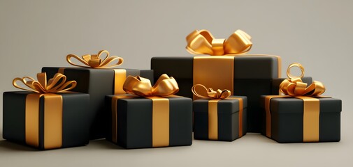 Elegant black and gold gift boxes with bows, perfect for celebrations, holidays, and special occasions.