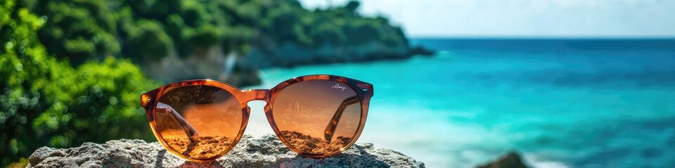 Stylish sunglasses on sunlit rock overlooking clear waters and greenery