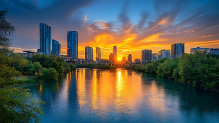 Fototapeta premium A vibrant sunrise illuminates the Austin skyline, reflected in the calm waters of Lady Bird Lake.