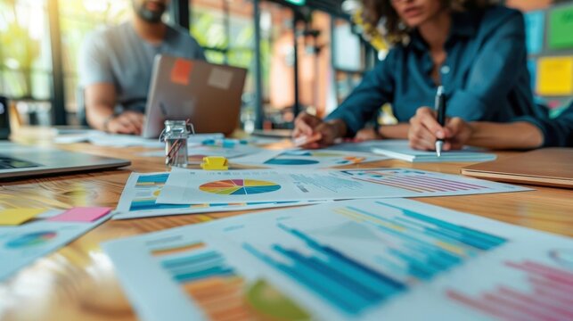 Business team analyzing financial charts and graphs, collaborating on a project at a modern office with diverse data sheets.
