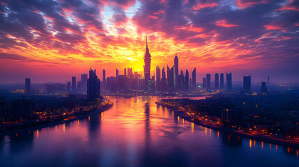 Fototapeta premium sunrise, cityscape, skyline