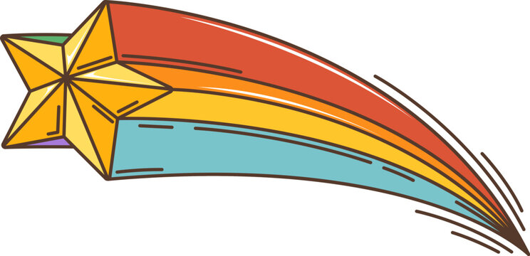 Cartoon retro groovy hippie star symbol. Isolated vector falling comet with rainbow trail at night sky. Vibrant, funky, shooting twinkle, or golden star and colorful red, orange, and blue streaks