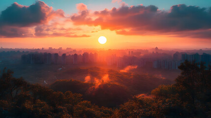 A vibrant sunrise over a city skyline with a hazy forest in the foreground.