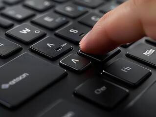 Close-up of a finger pressing a key on a black keyboard, symbolizing technology, digital input, and modern communication tools.