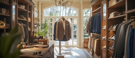 Elegant clothing store interior showcasing tailored suits and stylish accessories in a bright, inviting atmosphere.
