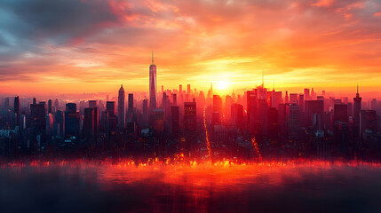 Fototapeta premium A vibrant sunrise over a cityscape with a dramatic sky and reflection.