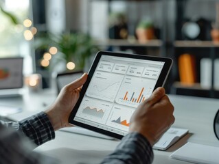 Person analyzing business analytics on a tablet screen with charts and graphs in a modern office setting.