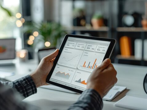 Person analyzing business analytics on a tablet screen with charts and graphs in a modern office setting.