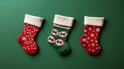 Primo piano di calzini di Natale su uno sfondo verde natalizio. Spazio di copia per uso commerciale 