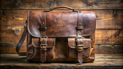 Old leather schoolbag with worn straps and vintage buckles, vintage, retro, antique, rustic, aged, weathered, classic