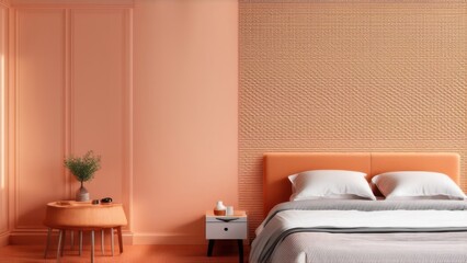 Bedroom in delicate peach fuzz color trend 2025 year panton furniture and accent wall. Modern luxury room interior home or hotel design. Empty warm apricot paint background for art