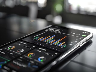 Close-up of a smartphone displaying a financial dashboard with colorful charts and metrics on a modern black desk.