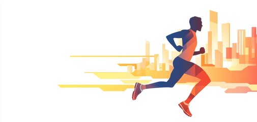 Produce a dynamic side view of a fast-paced marathon runner racing through an urban city, showcasing vibrant digital illustration techniques