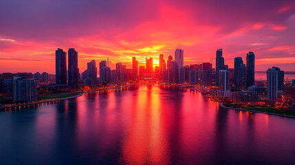 Obraz premium A vibrant sunrise paints the sky above a cityscape, with the sun reflecting off the water.
