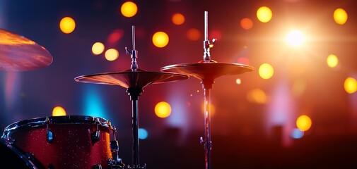 Professional drum kit with shining cymbals, illuminated by soft ambient light, dark background, moody performance setting, sharp focus on metallic textures