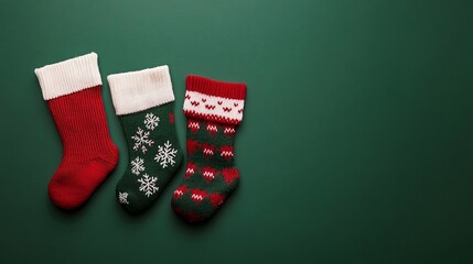 Primo piano di calzini di Natale su uno sfondo verde natalizio. Spazio di copia per uso commerciale 