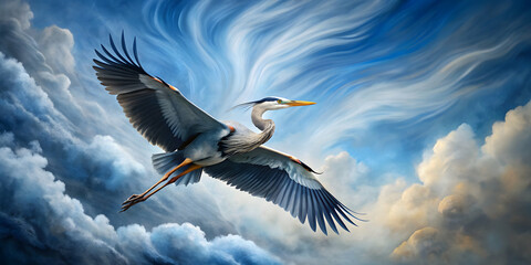 Obraz premium Chinese ink brush painting of a Great Blue Heron in flight against a swirling sky, heron, majestic, Chinese, ink brush, painting