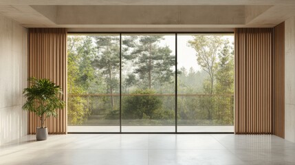 Obraz premium Hotel with balcony and forest view. Beige concrete room with terrace and nature landscape view. Modern villa architecture design for vacation and travel.