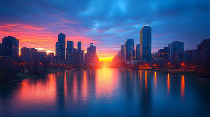 Fototapeta premium A vibrant sunrise paints the sky over a city skyline, reflecting in the water.