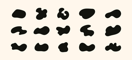 Fototapeta premium Black irregular blob set. Abstract freeforms, liquid shapes, distorted organic figures design elements for templates, icons, sticker, posters background. Vector