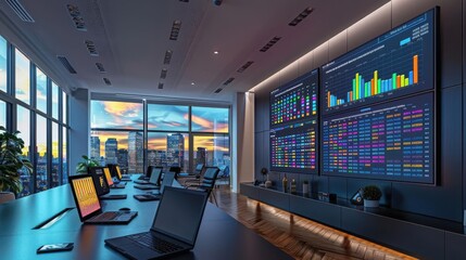 Modern office with laptops and large financial display screens showing colorful graphs and data, overlooking a cityscape at sunset.