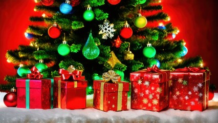 Groups of Christmas presents and balls against the backdrop of a festive Christmas tree with colored festive lights