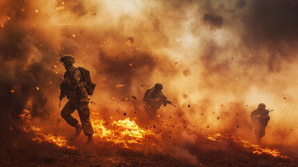 Fototapeta premium Military special forces soldiers crosses destroyed warzone through fire and smoke in the desert, wide poster design with copy space