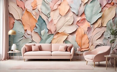 large art painted leaves on a textured wall in pastel colors photo wallpaper for the interior 