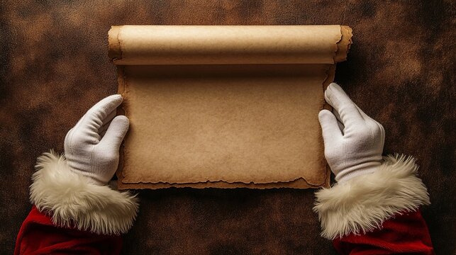 Un grande rotolo di pergamena vuoto tenuto dalle mani di Babbo Natale dall'alto. 