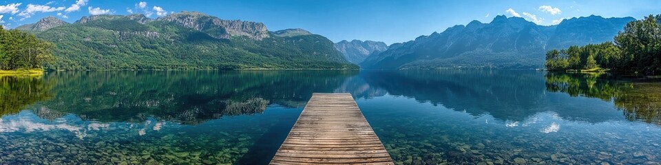 Wooden dock on clear lake with mirrored mountains