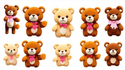Obraz premium Cute cartoon bear doll set for babies or children. Fluffy soft stuffed toys. Little teddy bears vector illustrations in trendy style isolated on white background. Beige brown and pink colors