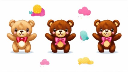 Naklejka premium Cute cartoon bear doll set for babies or children. Fluffy soft stuffed toys. Little teddy bears vector illustrations in trendy style isolated on white background. Beige brown and pink colors