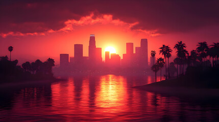 Fototapeta premium A vibrant sunset casts a warm glow over a city skyline, with palm trees silhouetted in the foreground and a reflection of the setting sun shimmering on the water.