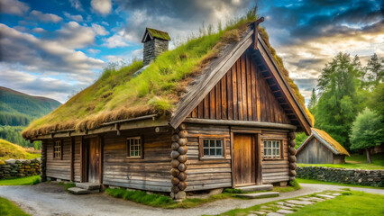 Traditional Viking thatched roof on a historic Scandinavian building, Vikings, Scandinavia, Thatched roof