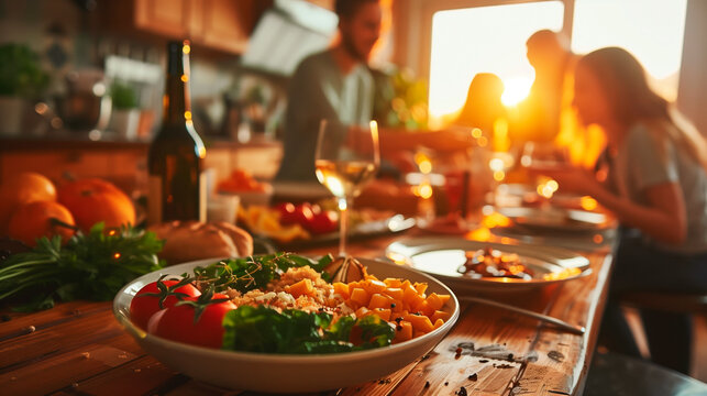 Inviting dinner scene with fresh salads, wine, and variety of dishes on a wooden table, surrounded by people enjoying meal together in the soft glow of sunset, emphasizing togetherness and good food